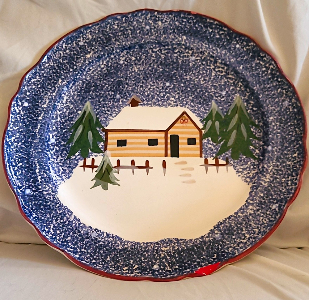 Winter Cabin in Snow Blue Spongeware Rim Ceramic Round Dinner Plate Red Rim